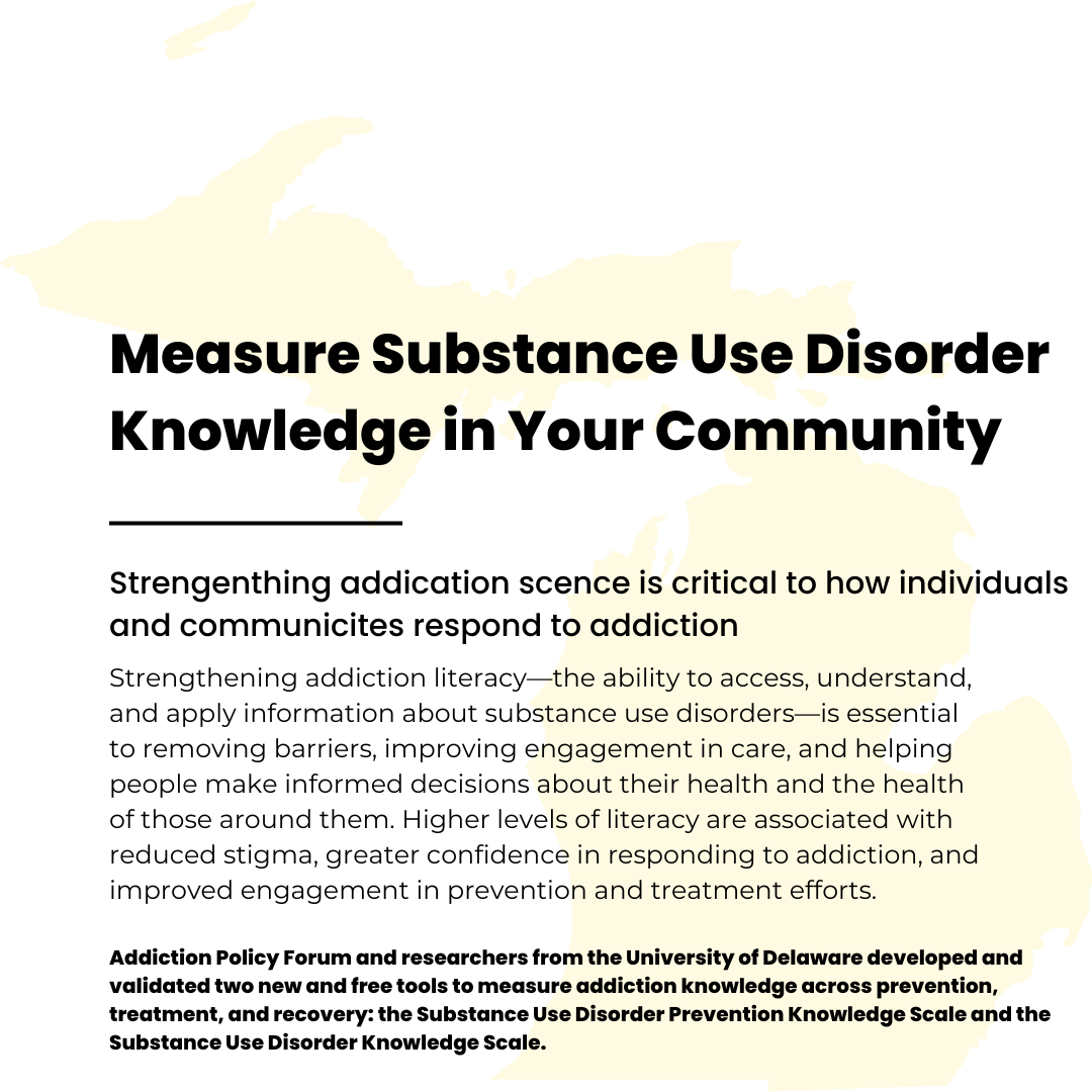 Bold title: 'Measure Substance Use Disorder Knowledge in Your Community' over a pale map background, with a short descriptive paragraph beneath (hero banner).