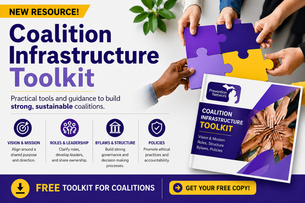 Hands place purple and yellow puzzle pieces over a Coalition Infrastructure Toolkit graphic, with a 'FREE TOOLKIT FOR COALITIONS' banner at the bottom and 'GET YOUR FREE COPY' callout.