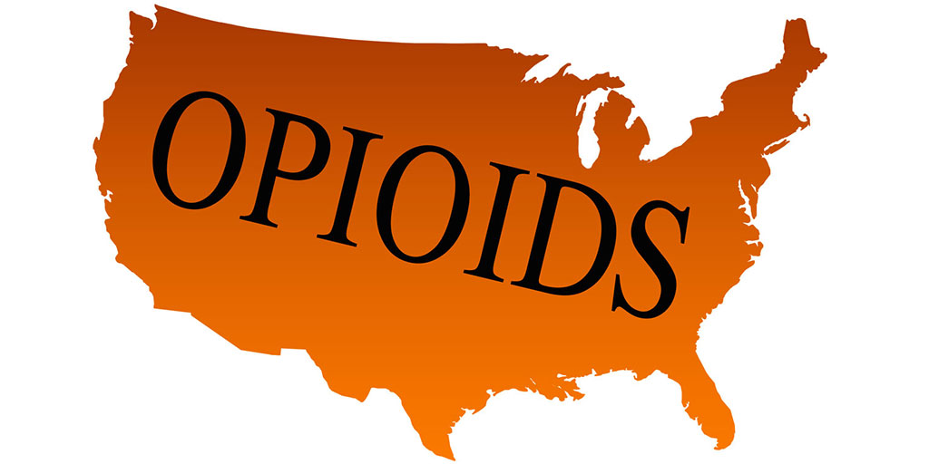 Opioids labeled on the United Stated map outline